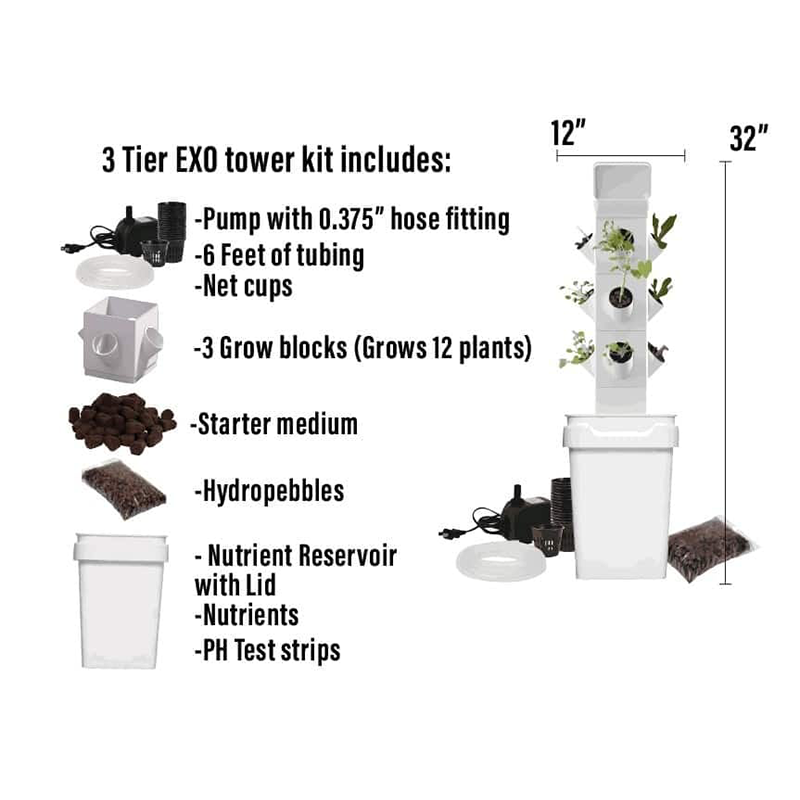 A Picture that explains what is included in ExoTowers 3 tier or 12 plant kit.